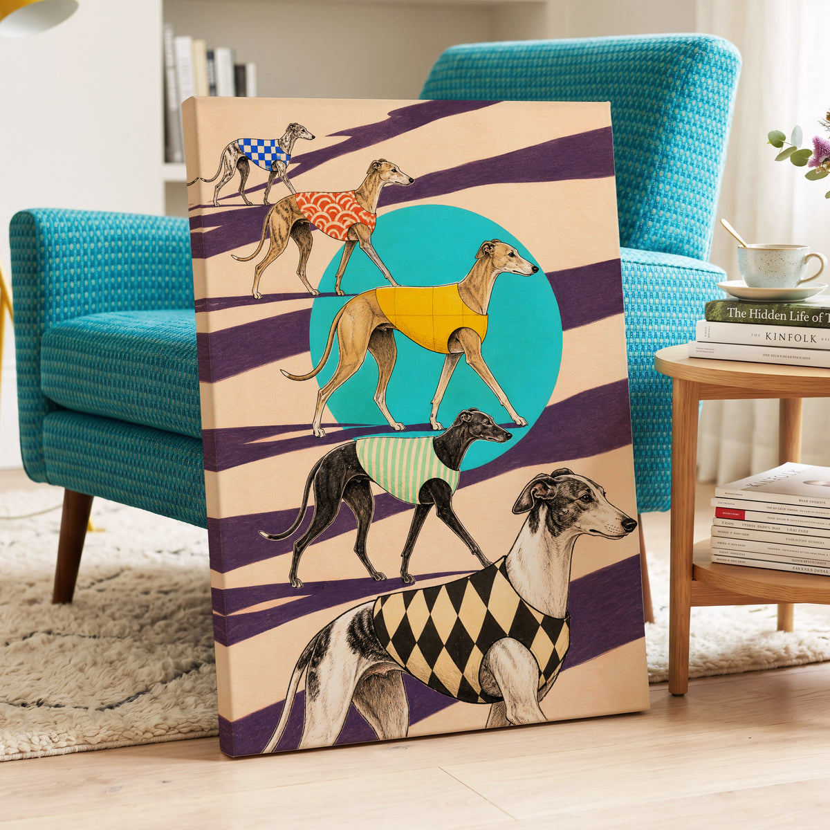 The Dapper Hound Parade, beige, purple, black abstract wall art displayed in a styled interior, gallery view 3