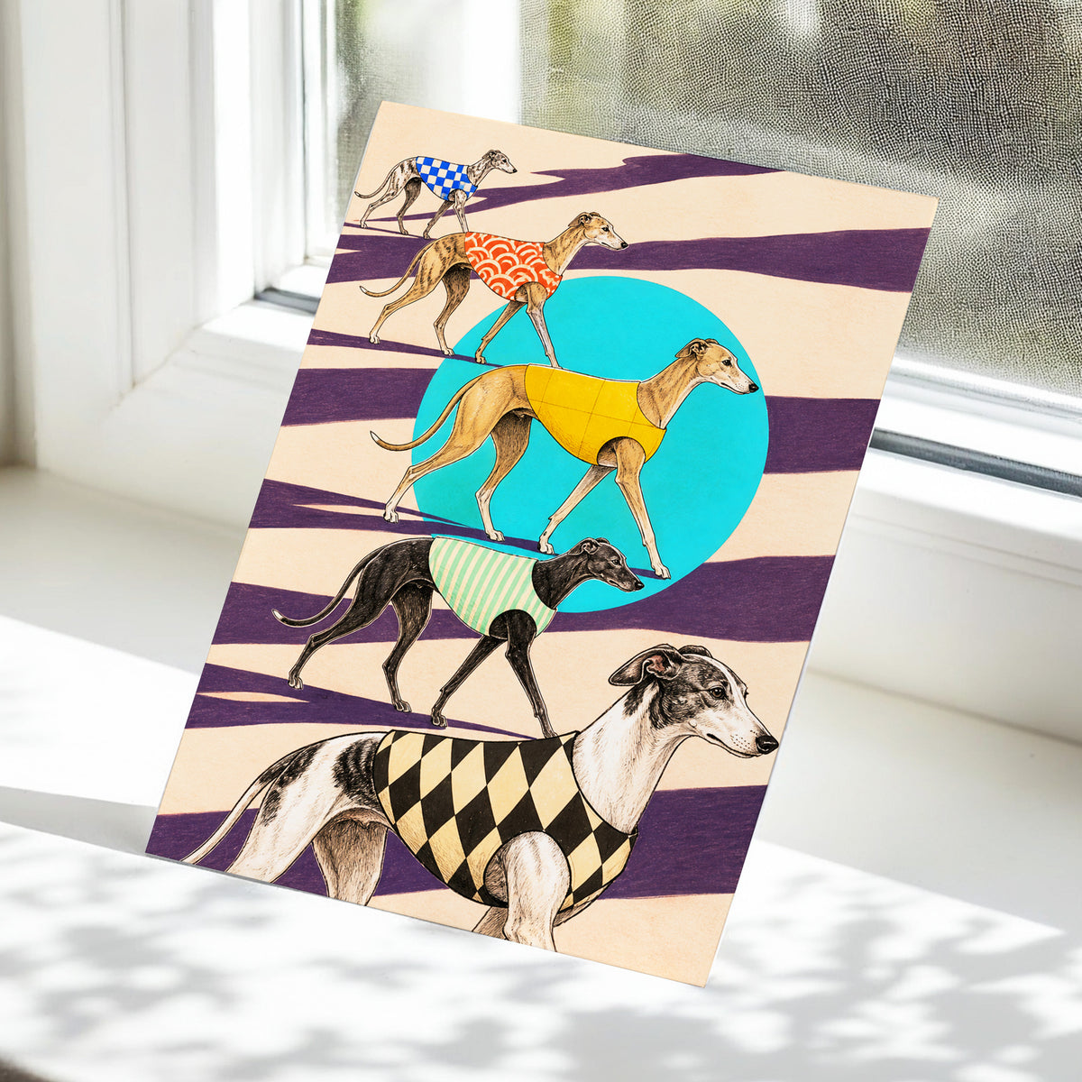 The Dapper Hound Parade, beige, purple, black abstract wall art displayed in a styled interior, gallery view 5