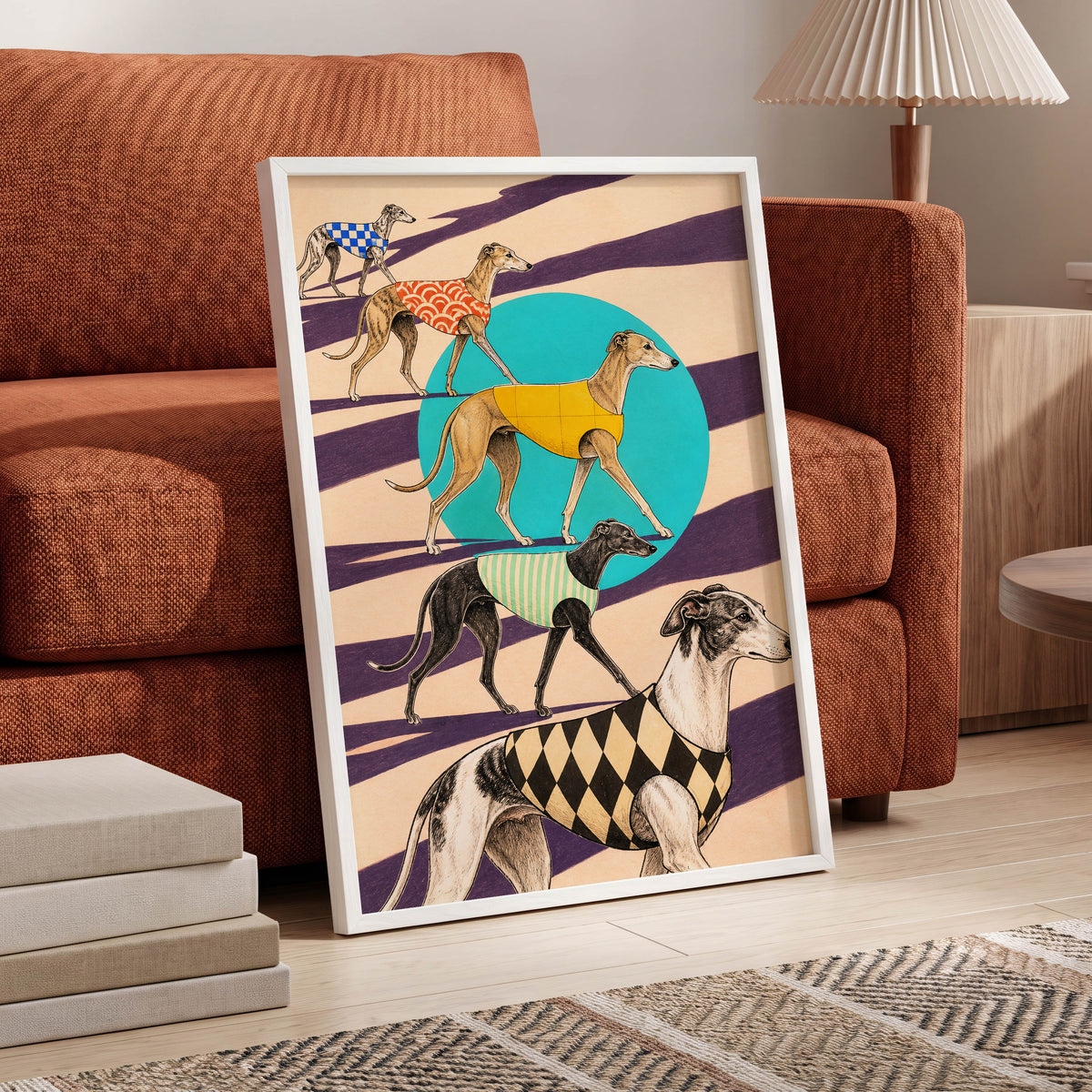 The Dapper Hound Parade, beige, purple, black abstract wall art displayed in a styled interior, gallery view 6