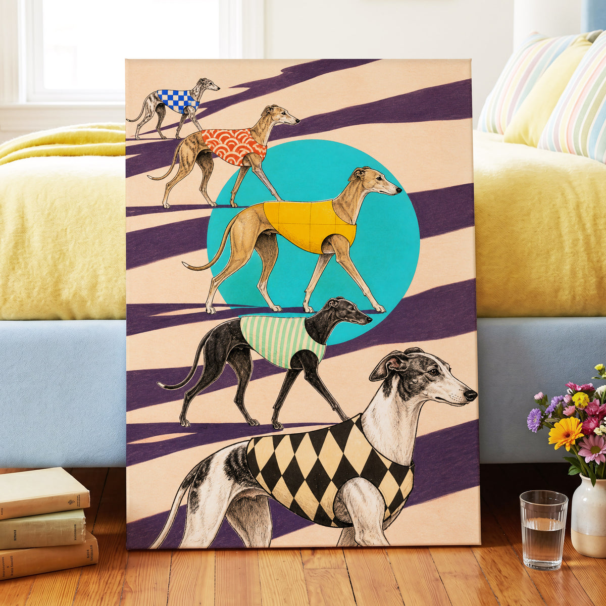 The Dapper Hound Parade, beige, purple, black abstract wall art displayed in a styled interior, gallery view 7