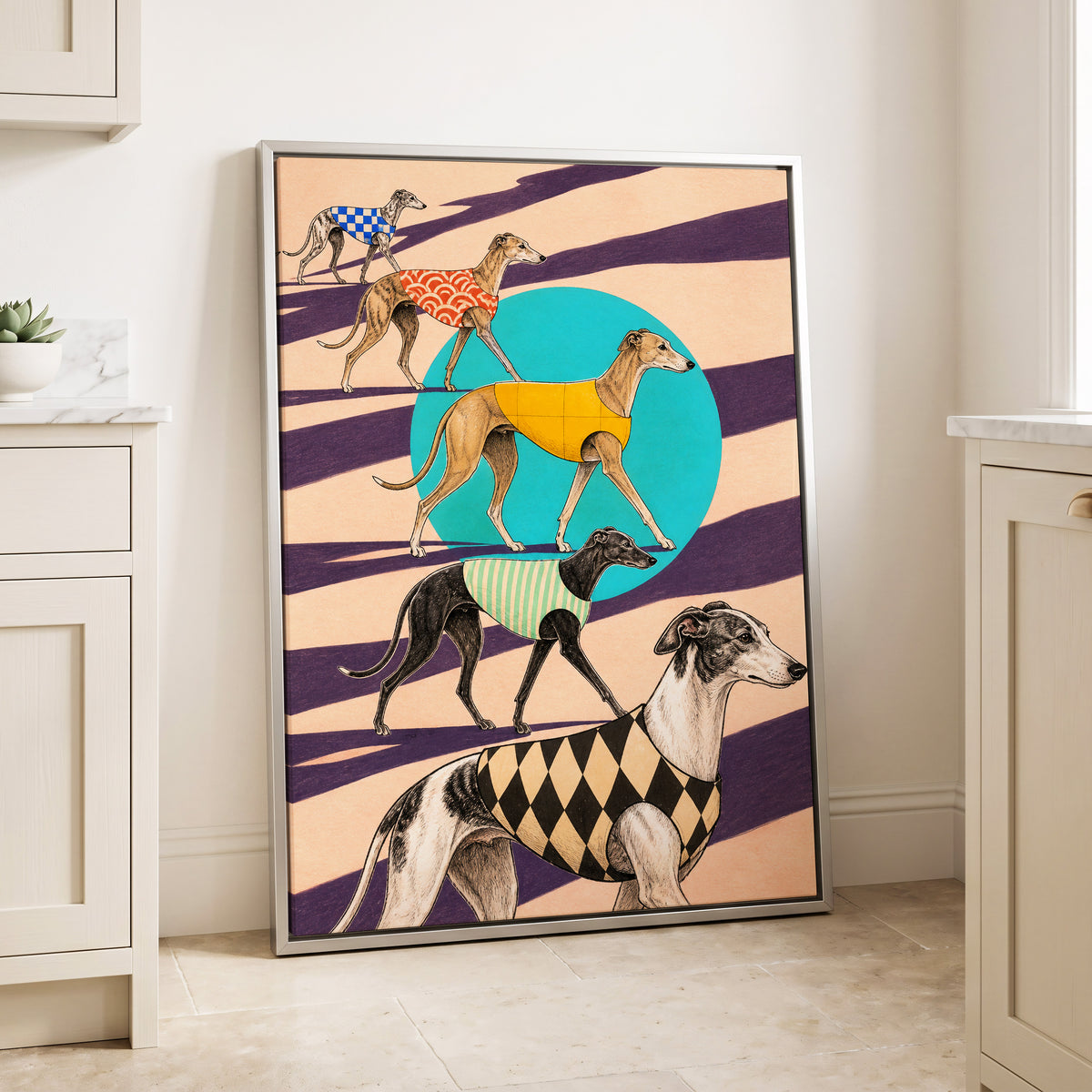 The Dapper Hound Parade, beige, purple, black abstract wall art displayed in a styled interior, gallery view 8