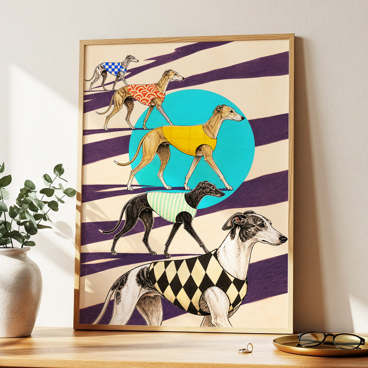 The Dapper Hound Parade, beige, purple, black abstract wall art displayed in a styled interior, gallery view 9
