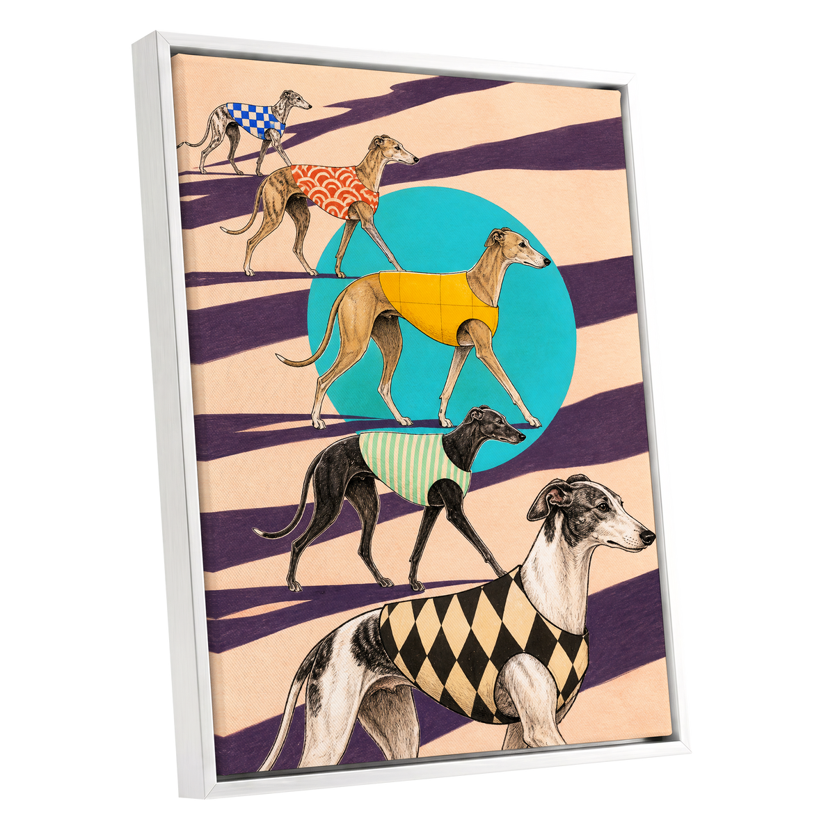 The Dapper Hound Parade, beige, purple, black abstract wall art shown as a white framed canvas wall art
