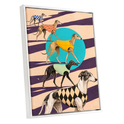 The Dapper Hound Parade, beige, purple, black abstract wall art shown as a white framed canvas wall art