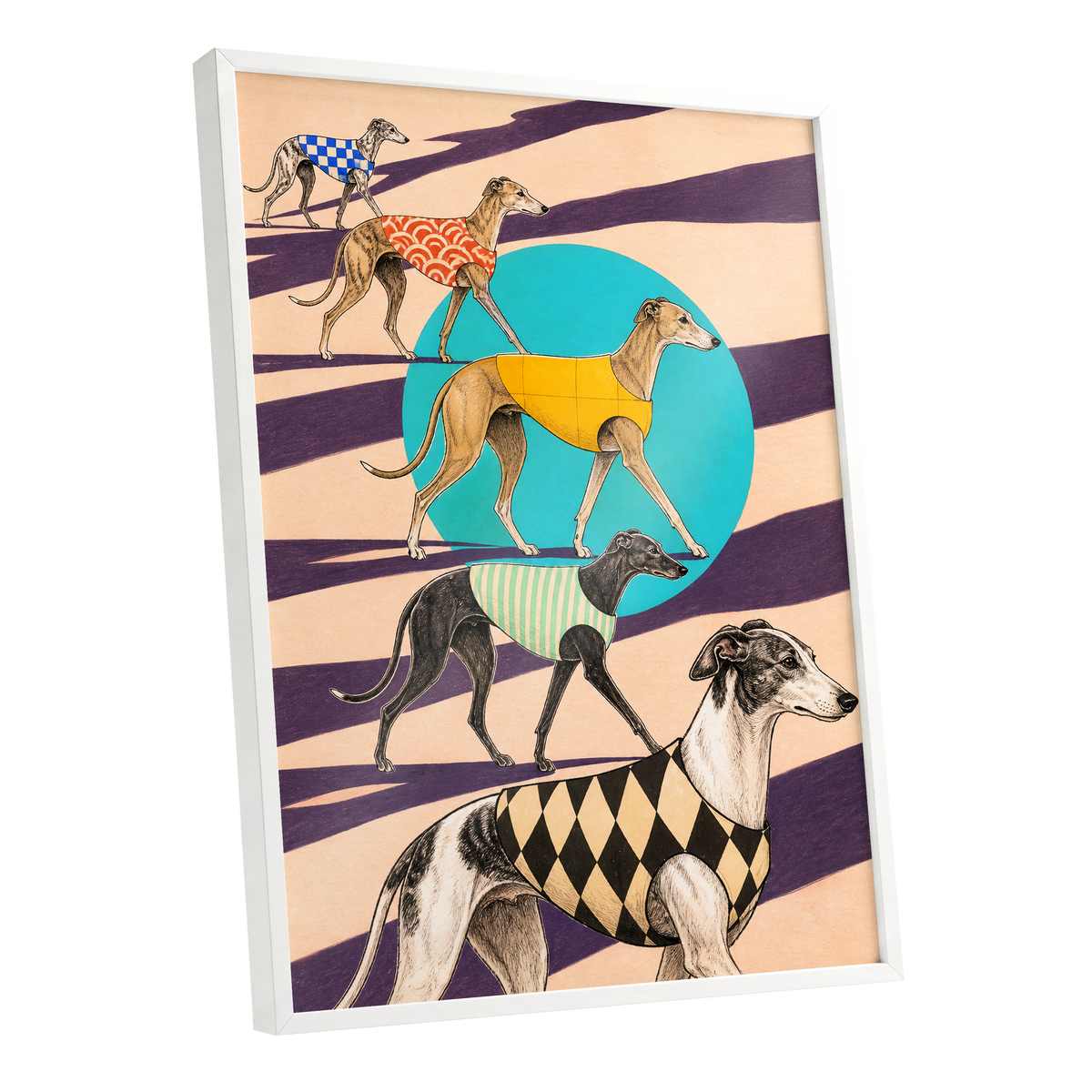 The Dapper Hound Parade, beige, purple, black abstract wall art shown as a white framed poster wall art print