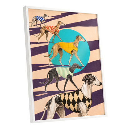 The Dapper Hound Parade, beige, purple, black abstract wall art shown as a white framed poster wall art print