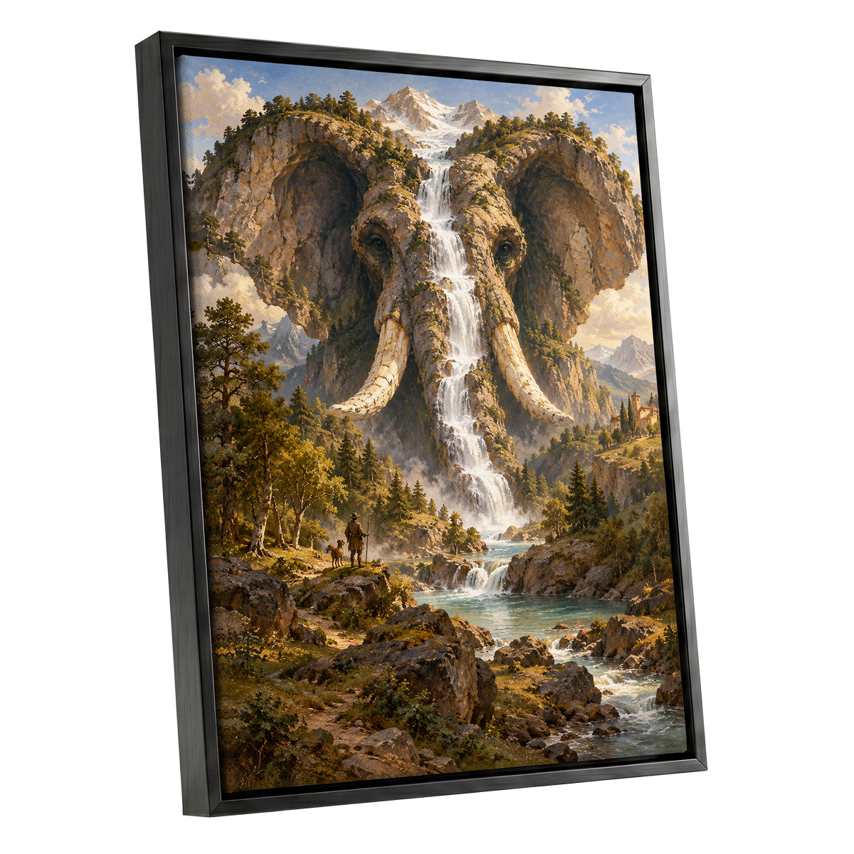 The Elephant Cascade, brown, green, blue nature wall art shown as a black framed canvas wall art