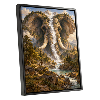 The Elephant Cascade, brown, green, blue nature wall art shown as a black framed canvas wall art