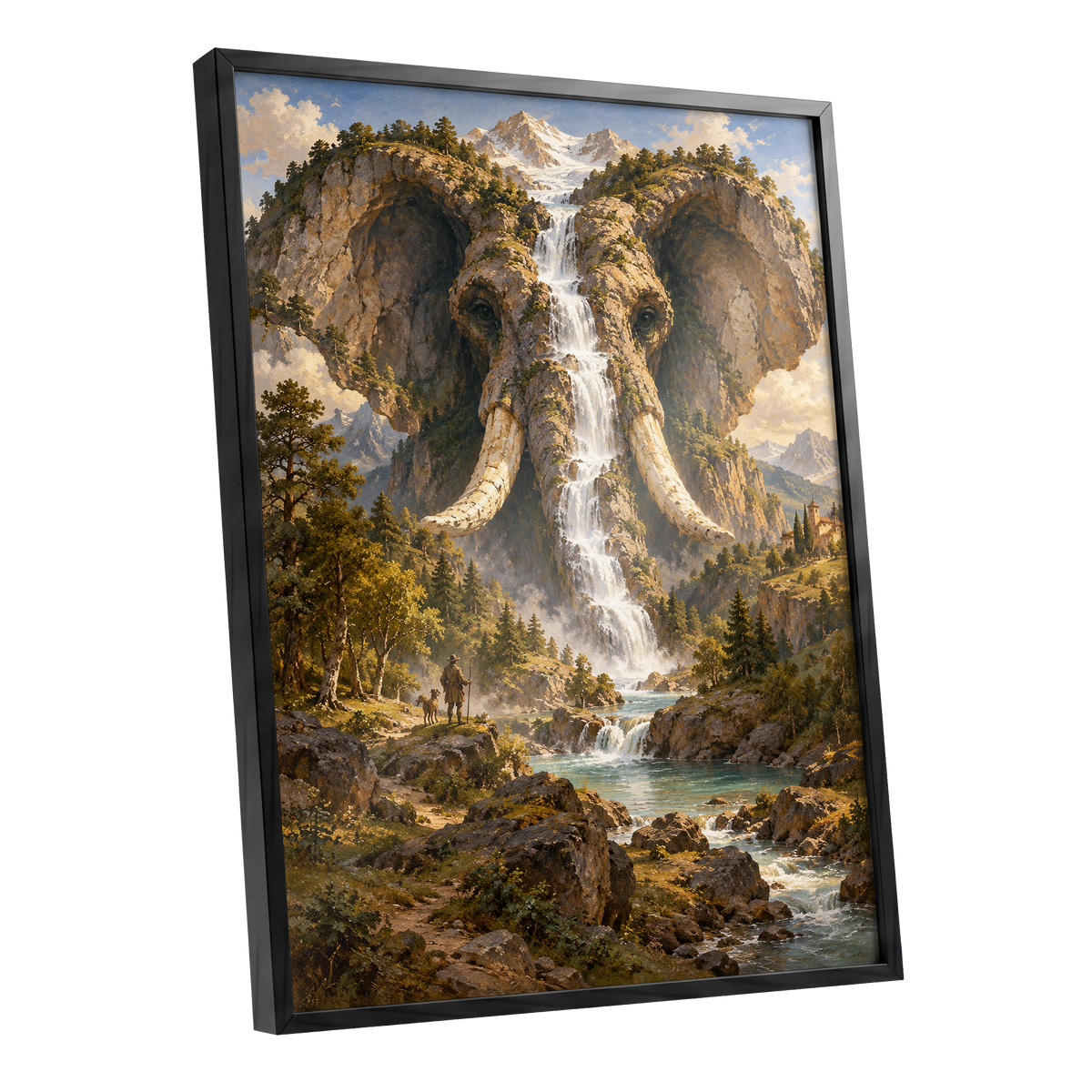 The Elephant Cascade, brown, green, blue nature wall art shown as a black framed poster wall art print