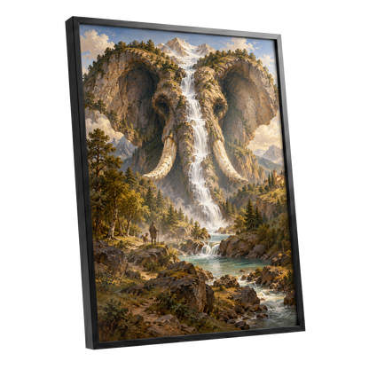 The Elephant Cascade, brown, green, blue nature wall art shown as a black framed poster wall art print