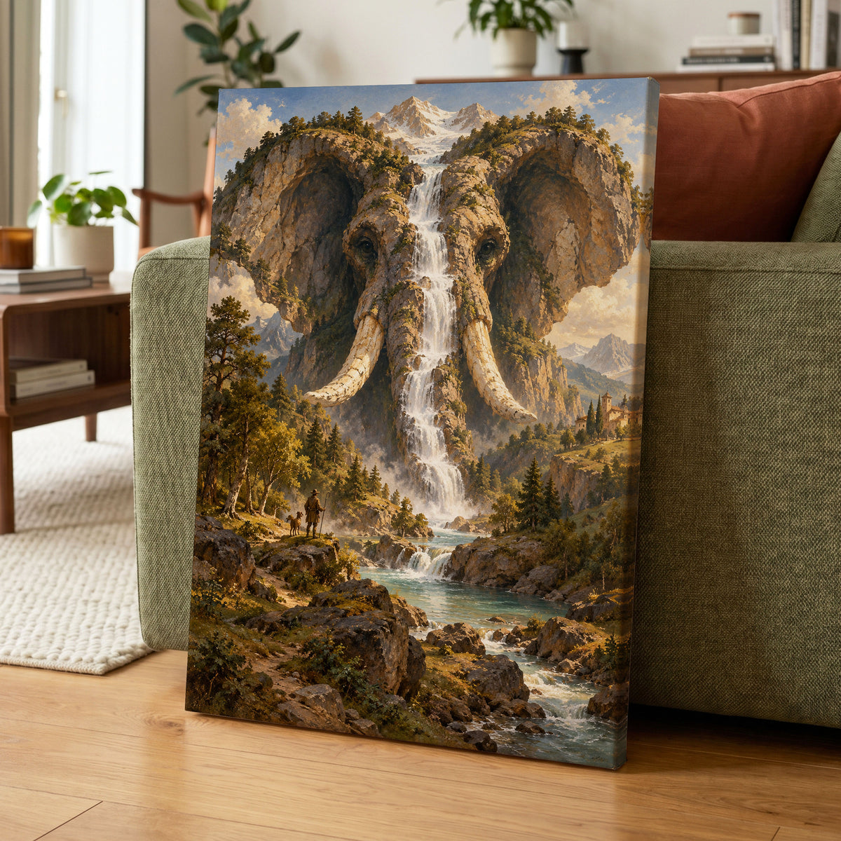 The Elephant Cascade, brown, green, blue nature wall art on canvas displayed in a styled interior, gallery view 1