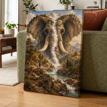 The Elephant Cascade, brown, green, blue nature wall art on canvas displayed in a styled interior, gallery view 1