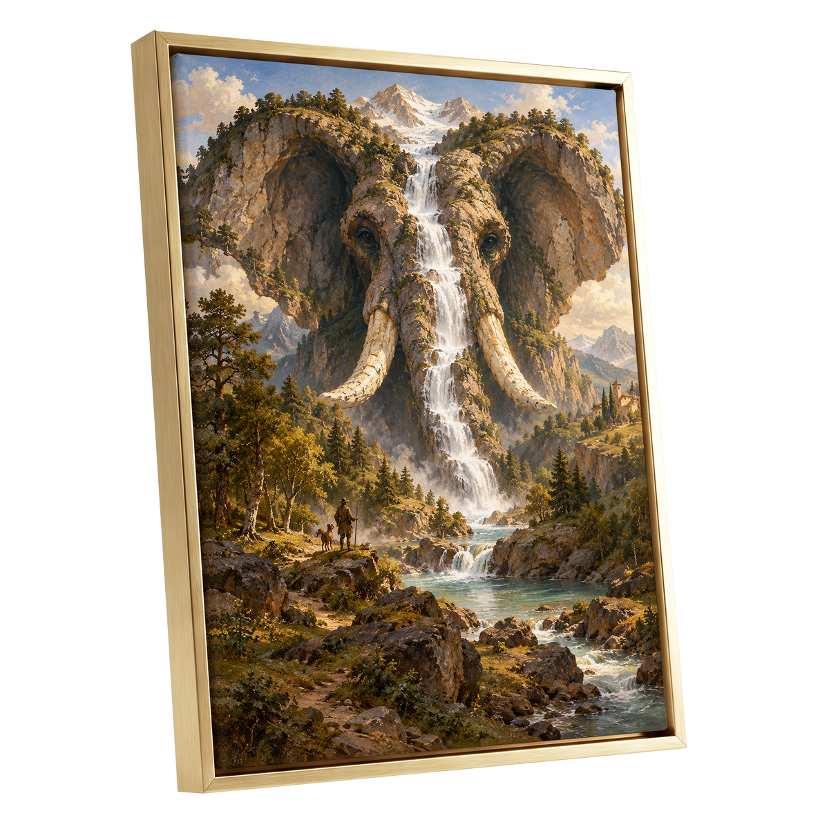The Elephant Cascade, brown, green, blue nature wall art shown as a gold framed canvas wall art