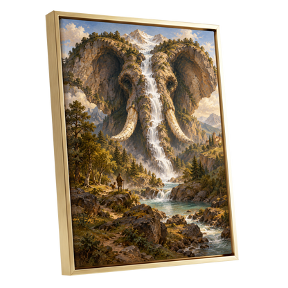 The Elephant Cascade, brown, green, blue nature wall art shown as a gold framed canvas wall art