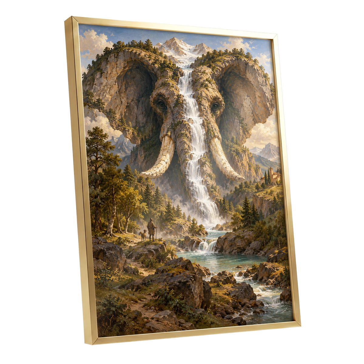 The Elephant Cascade, brown, green, blue nature wall art shown as a gold framed poster wall art print