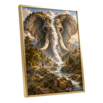 The Elephant Cascade, brown, green, blue nature wall art shown as a gold framed poster wall art print