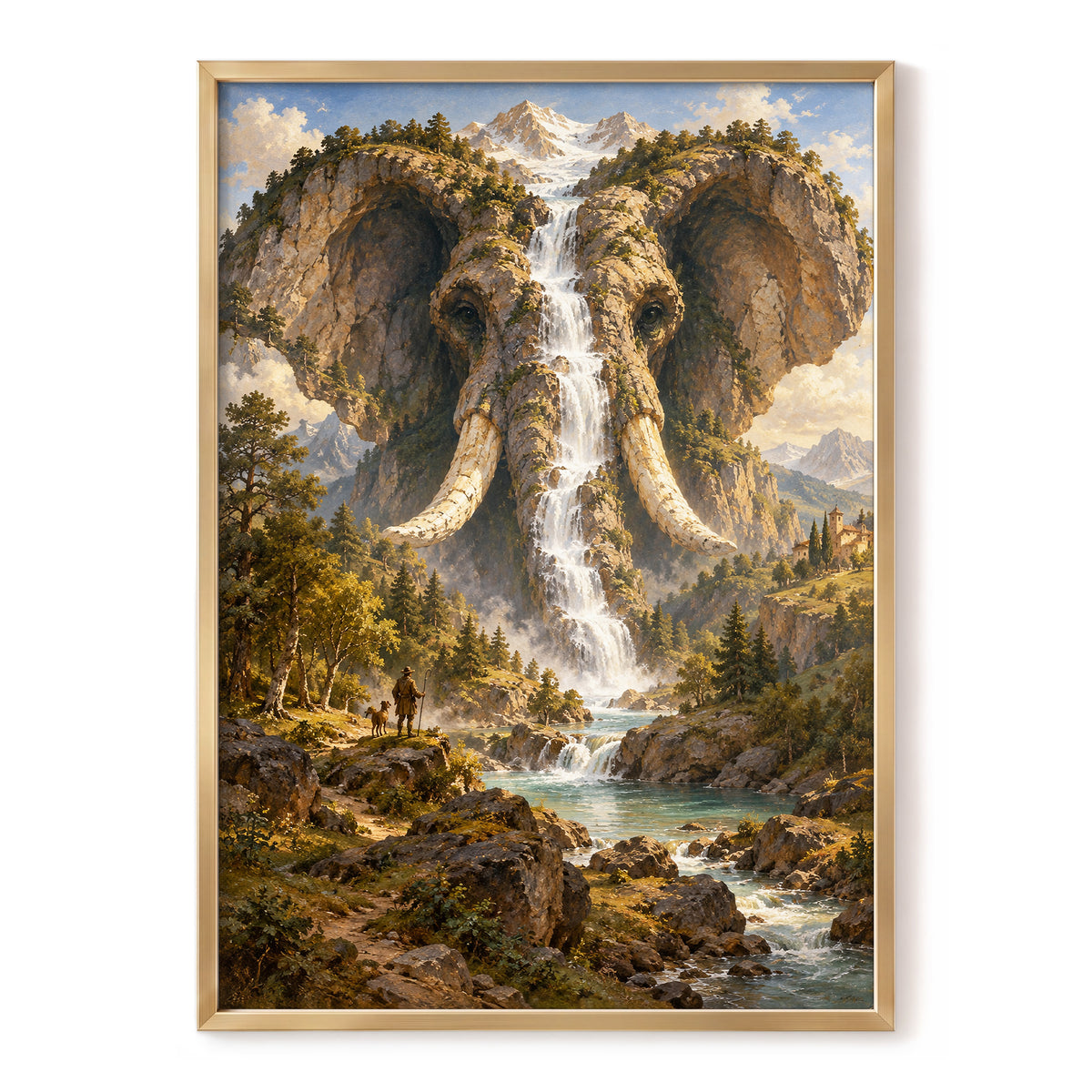 The Elephant Cascade, brown, green, blue nature wall art, front artwork view