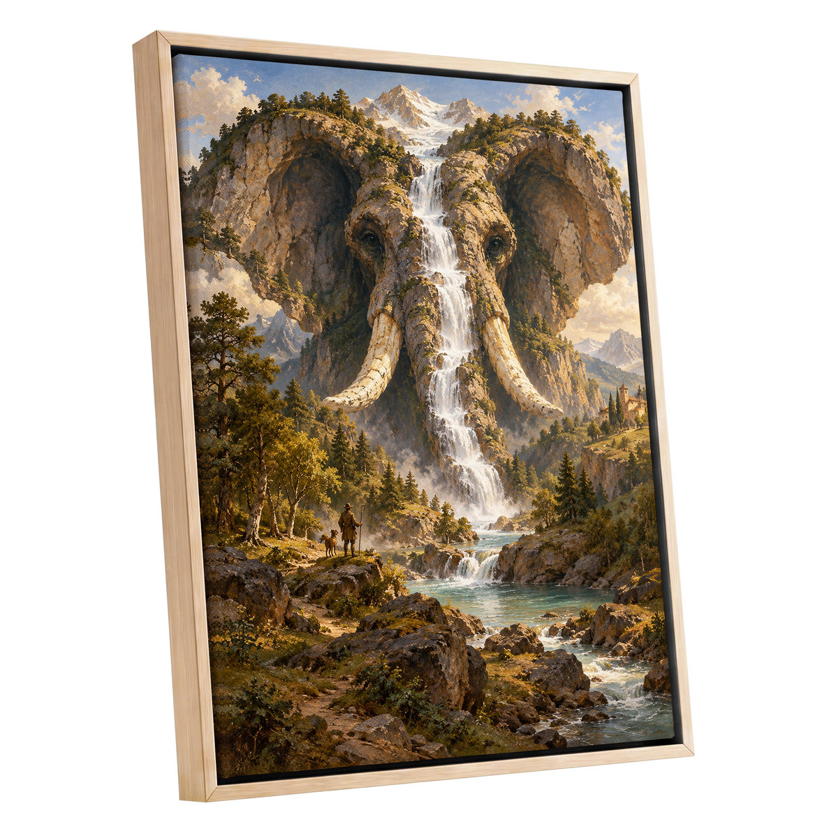 The Elephant Cascade, brown, green, blue nature wall art shown as a oak framed canvas wall art