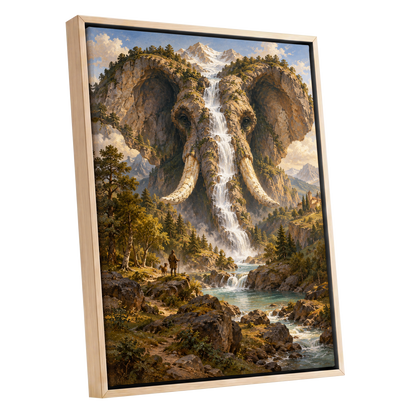 The Elephant Cascade, brown, green, blue nature wall art shown as a oak framed canvas wall art