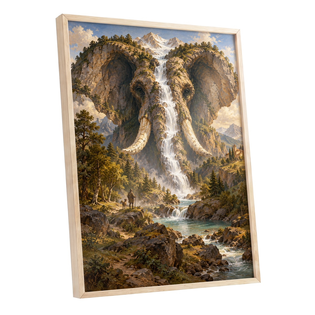 The Elephant Cascade, brown, green, blue nature wall art shown as a oak framed poster wall art print