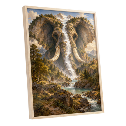 The Elephant Cascade, brown, green, blue nature wall art shown as a oak framed poster wall art print