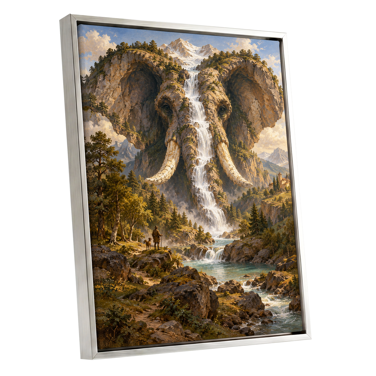 The Elephant Cascade, brown, green, blue nature wall art shown as a silver framed canvas wall art