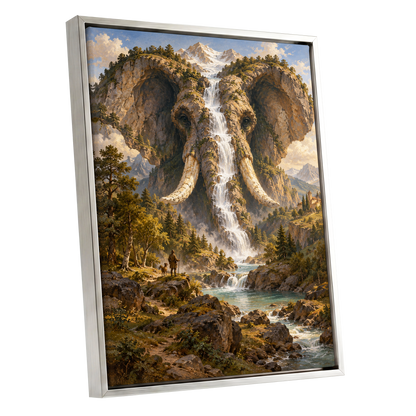 The Elephant Cascade, brown, green, blue nature wall art shown as a silver framed canvas wall art