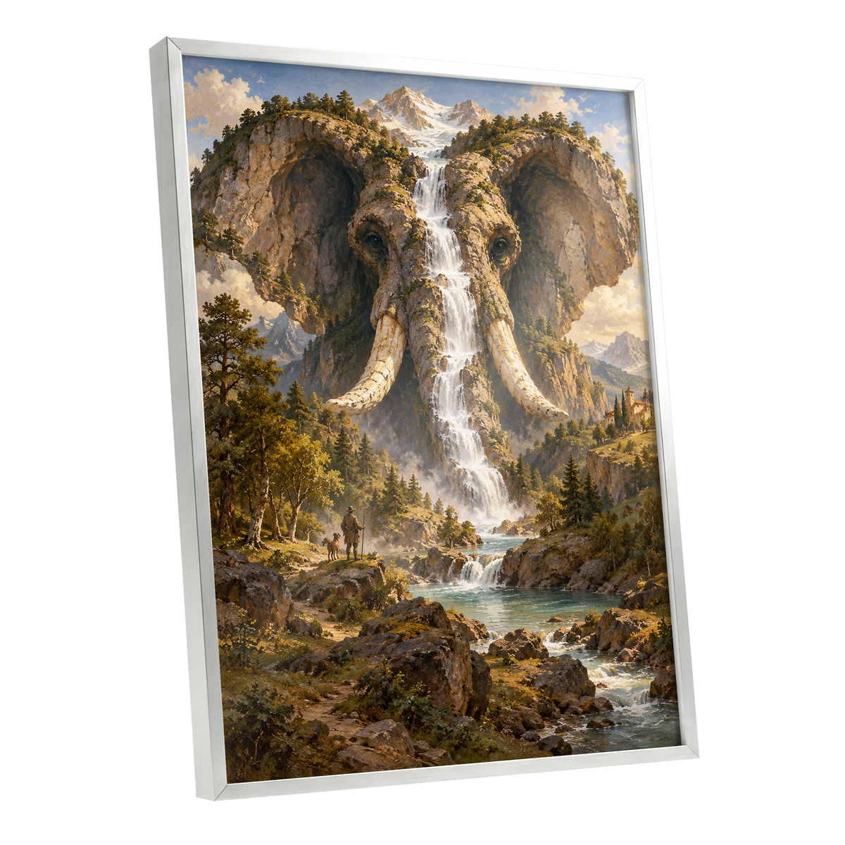 The Elephant Cascade, brown, green, blue nature wall art shown as a silver framed poster wall art print