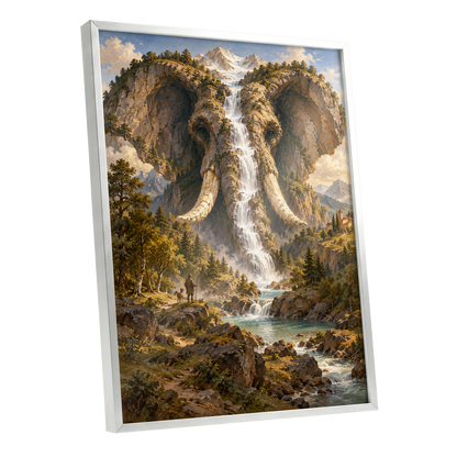 The Elephant Cascade, brown, green, blue nature wall art shown as a silver framed poster wall art print