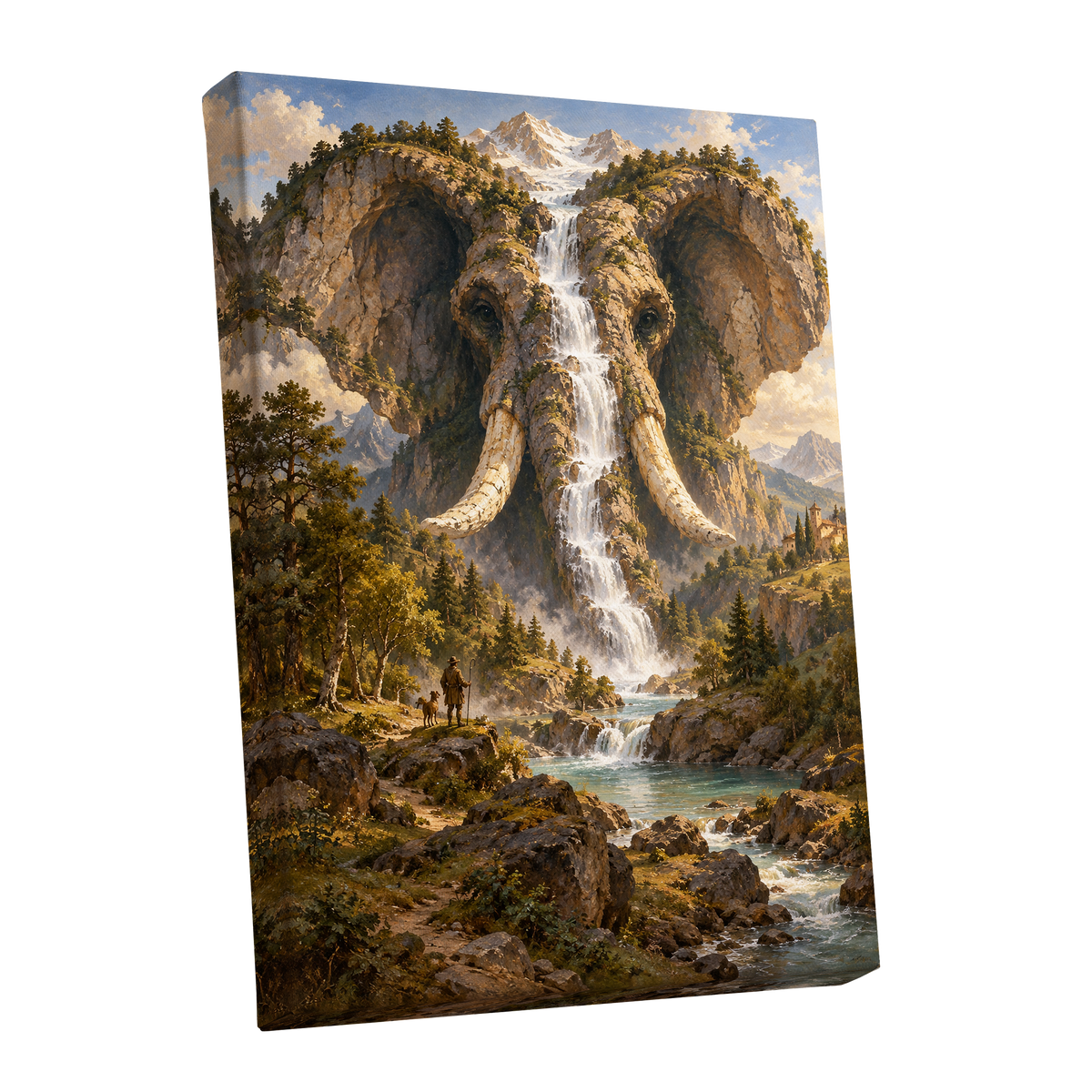 The Elephant Cascade, brown, green, blue nature wall art shown as a stretched canvas wall art