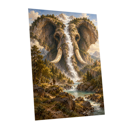 The Elephant Cascade, brown, green, blue nature wall art shown as a unframed poster wall art print