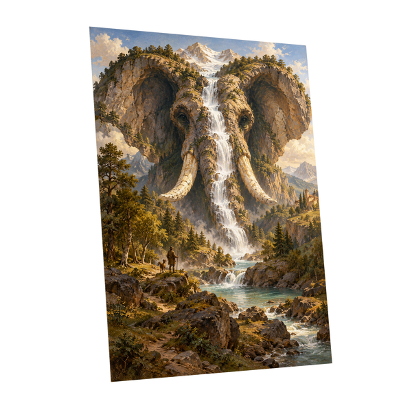 The Elephant Cascade, brown, green, blue nature wall art shown as a unframed poster wall art print