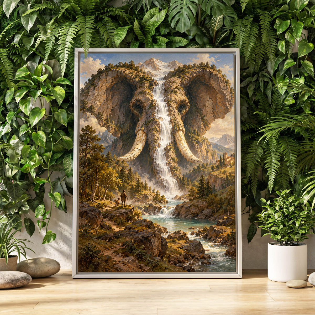 The Elephant Cascade, brown, green, blue nature wall art displayed in a styled interior, gallery view 1