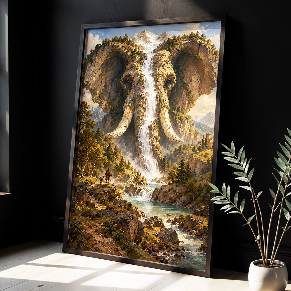 The Elephant Cascade, brown, green, blue nature wall art displayed in a styled interior, gallery view 2