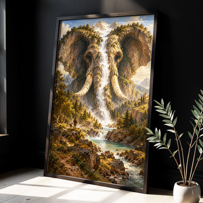 The Elephant Cascade, brown, green, blue nature wall art displayed in a styled interior, gallery view 2