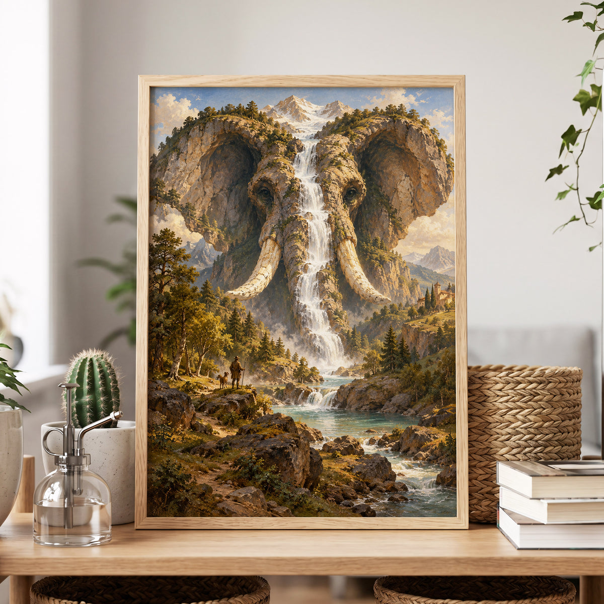 The Elephant Cascade, brown, green, blue nature wall art displayed in a styled interior, gallery view 3