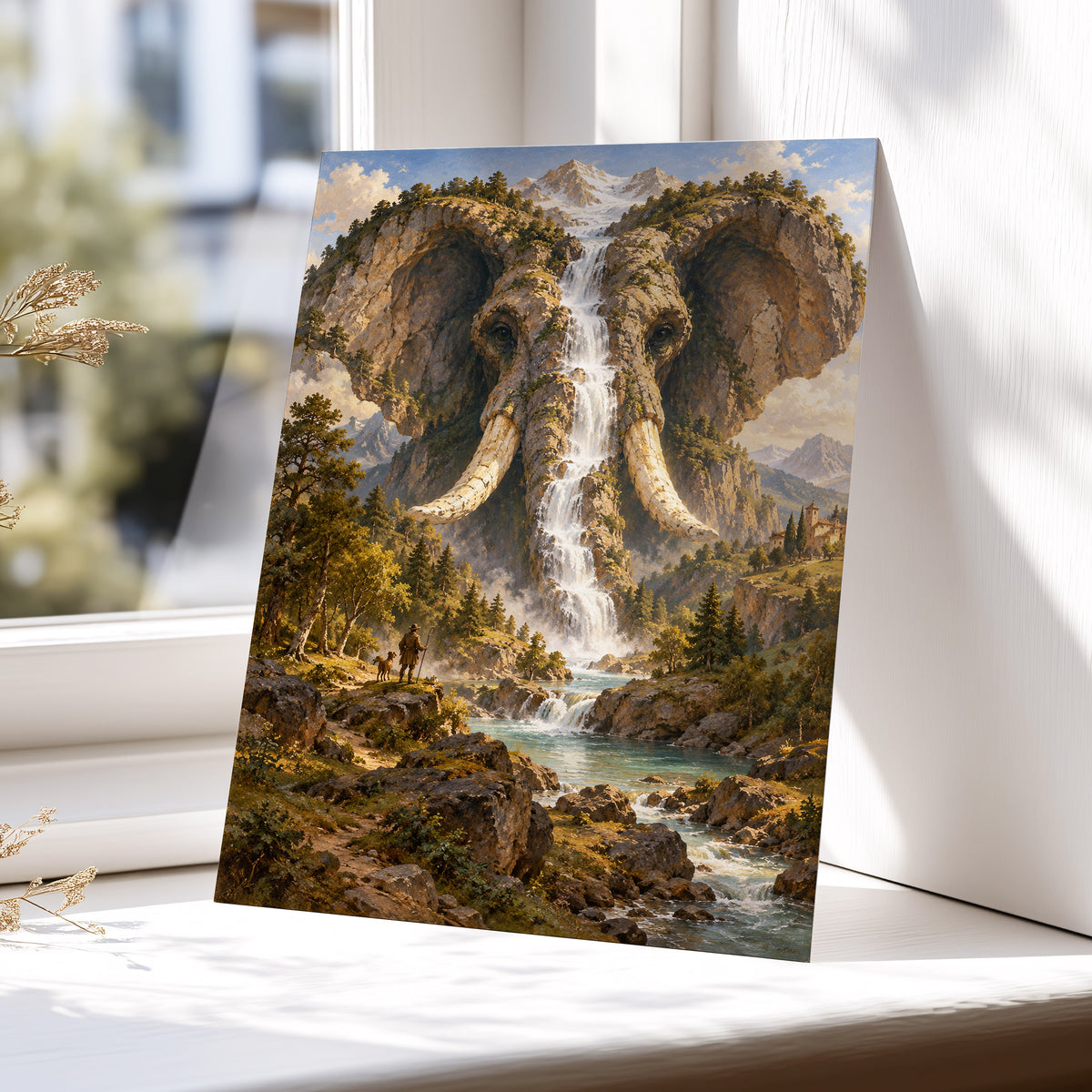 The Elephant Cascade, brown, green, blue nature wall art displayed in a styled interior, gallery view 4