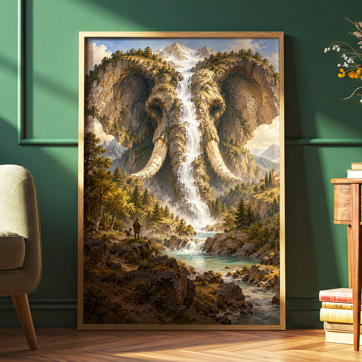 The Elephant Cascade, brown, green, blue nature wall art displayed in a styled interior, gallery view 6