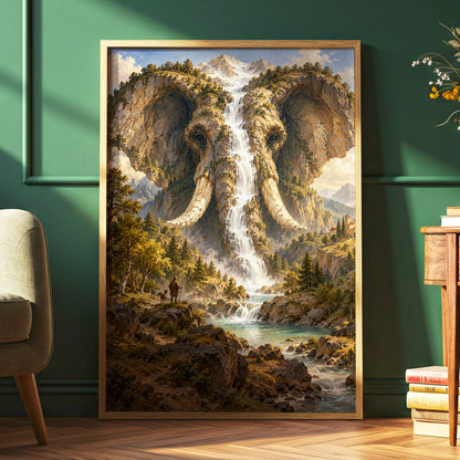 The Elephant Cascade, brown, green, blue nature wall art displayed in a styled interior, gallery view 6