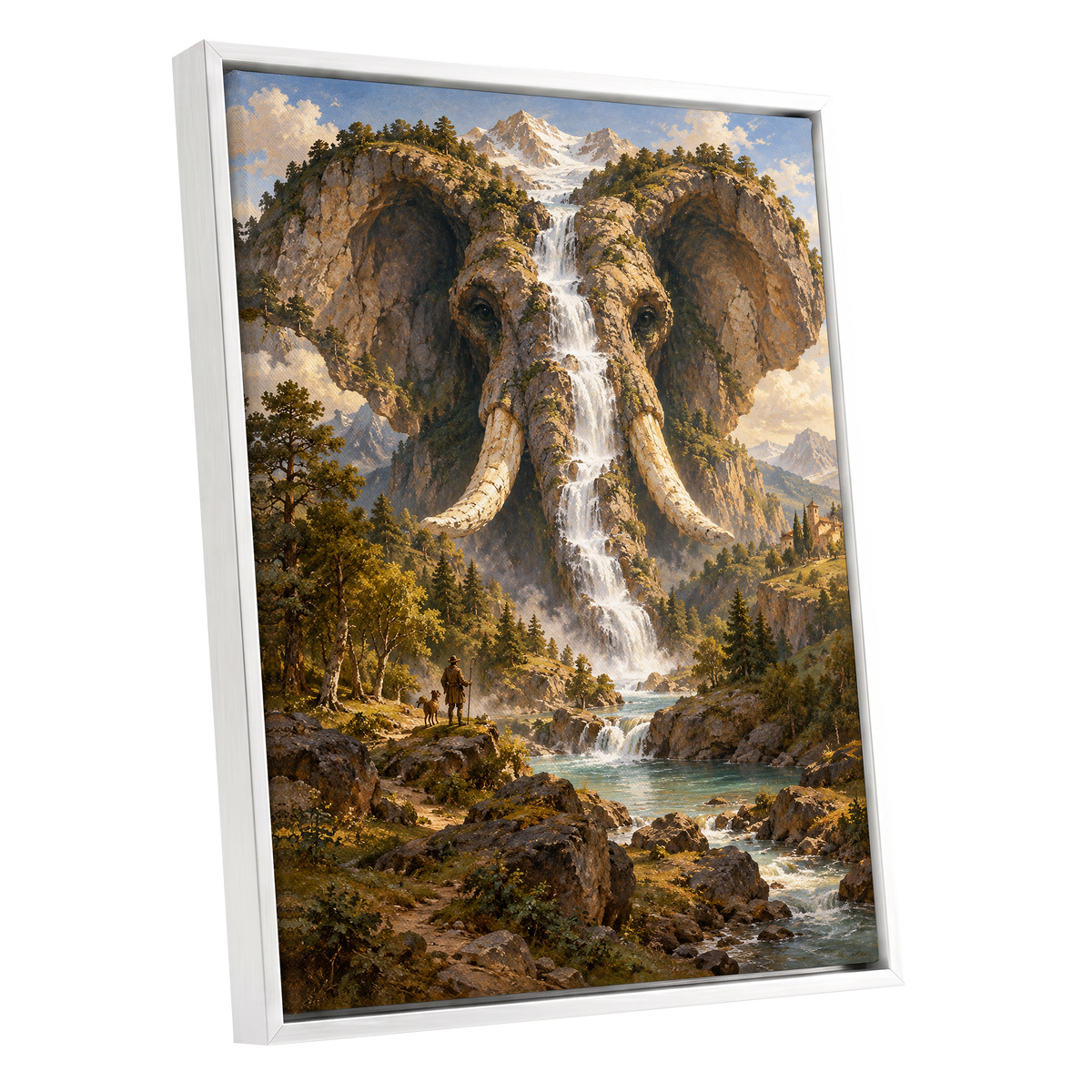 The Elephant Cascade, brown, green, blue nature wall art shown as a white framed canvas wall art