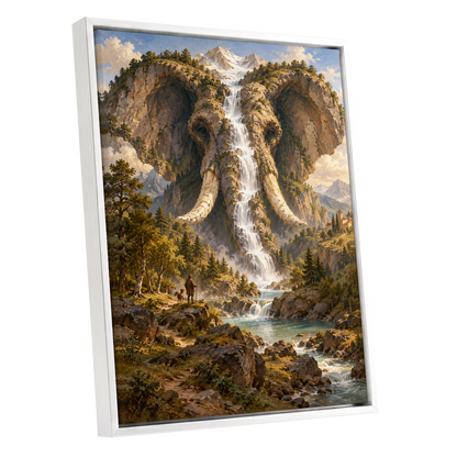 The Elephant Cascade, brown, green, blue nature wall art shown as a white framed canvas wall art