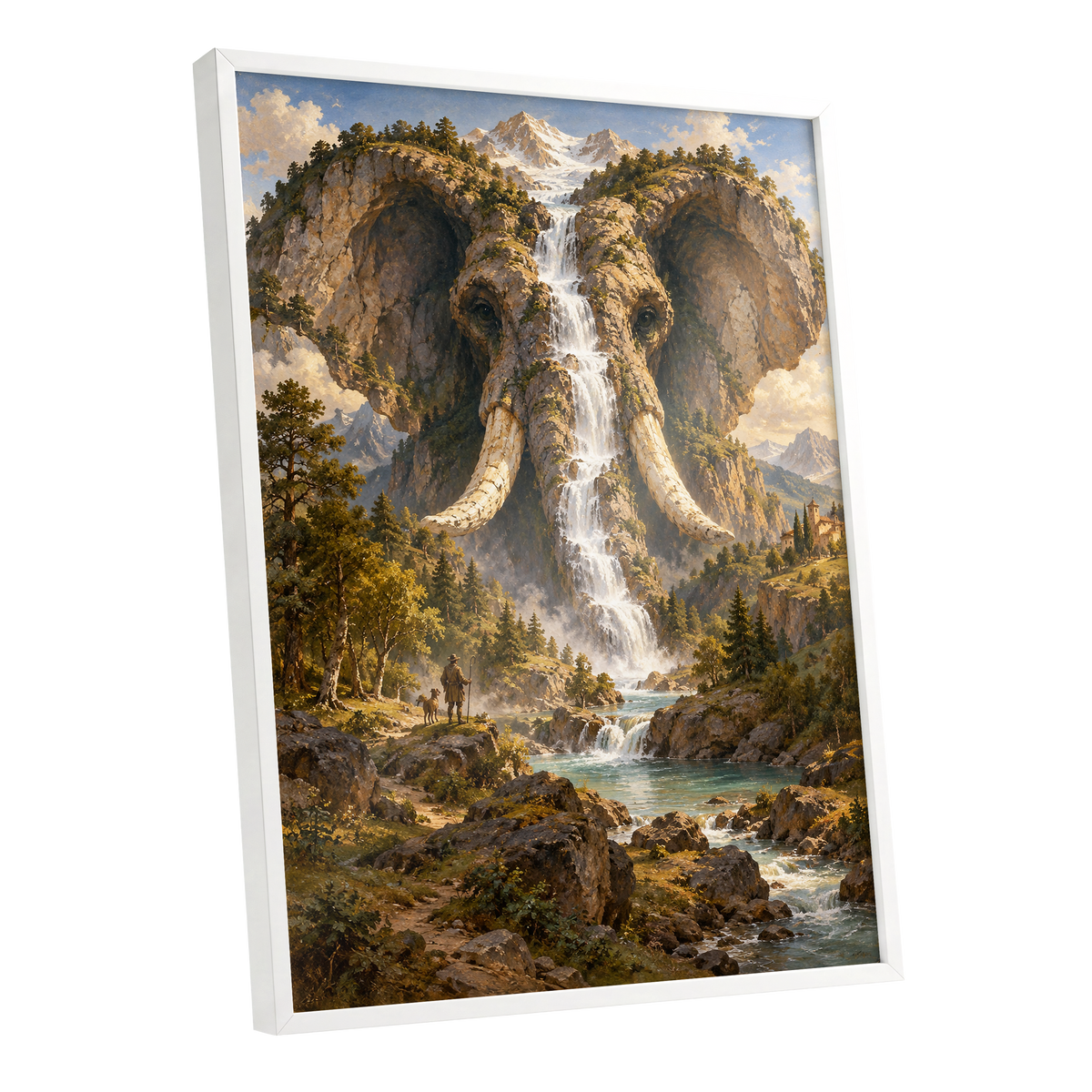 The Elephant Cascade, brown, green, blue nature wall art shown as a white framed poster wall art print
