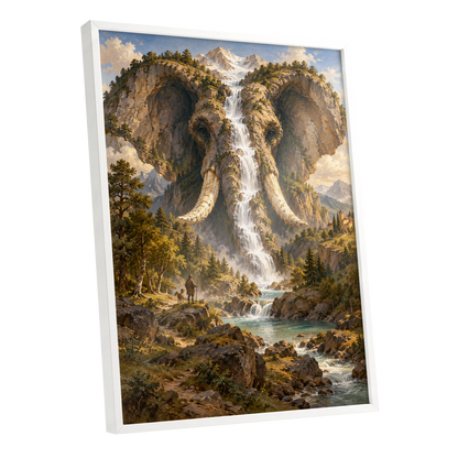 The Elephant Cascade, brown, green, blue nature wall art shown as a white framed poster wall art print