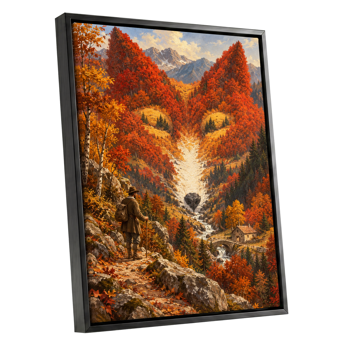 The Ember Valley, orange, gold, brown nature wall art shown as a black framed canvas wall art