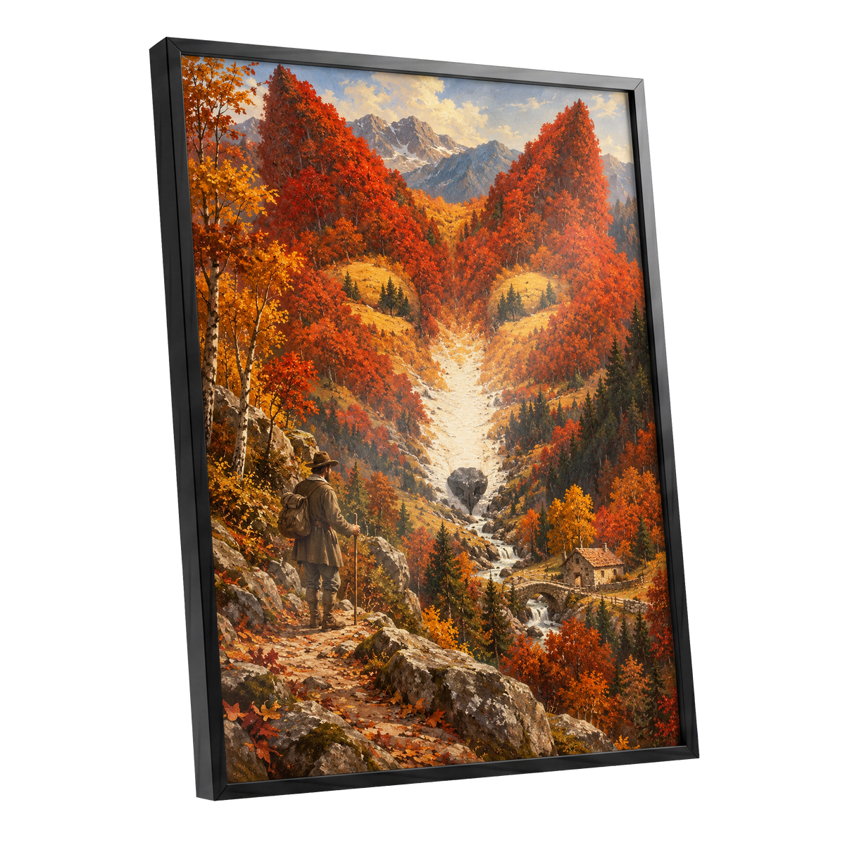 The Ember Valley, orange, gold, brown nature wall art shown as a black framed poster wall art print