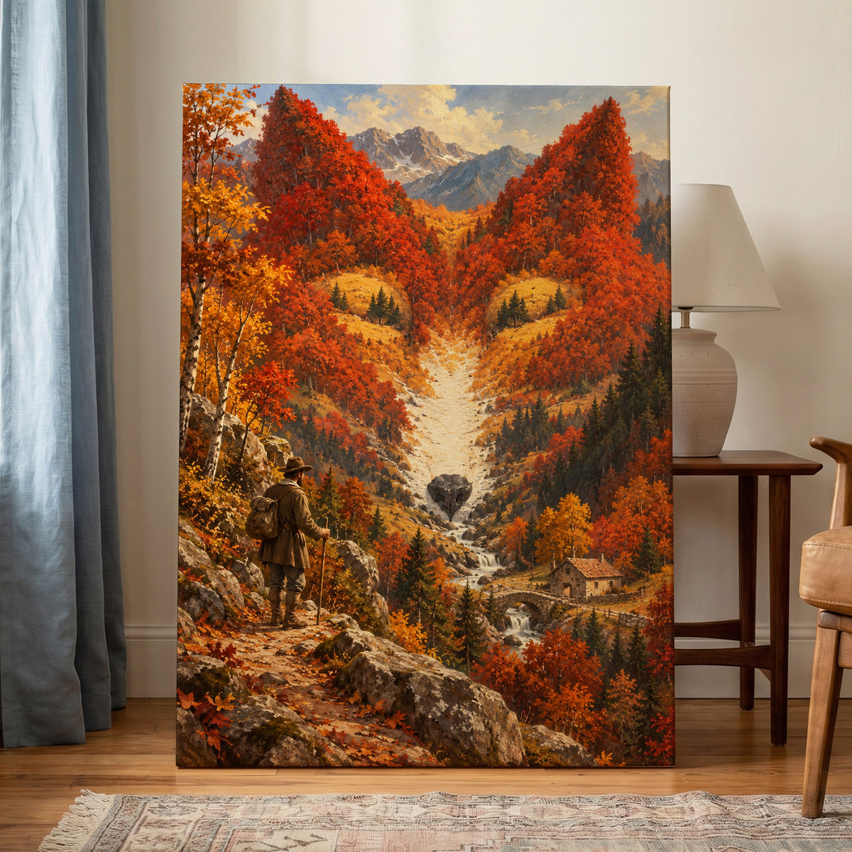 The Ember Valley, orange, gold, brown nature wall art on canvas displayed in a styled interior, gallery view 1