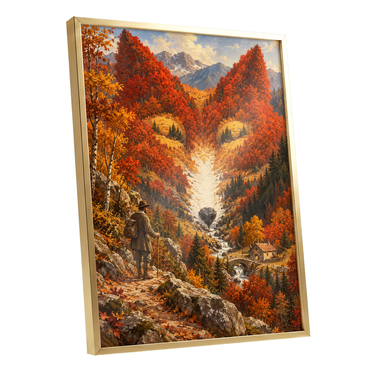 The Ember Valley, orange, gold, brown nature wall art shown as a gold framed poster wall art print