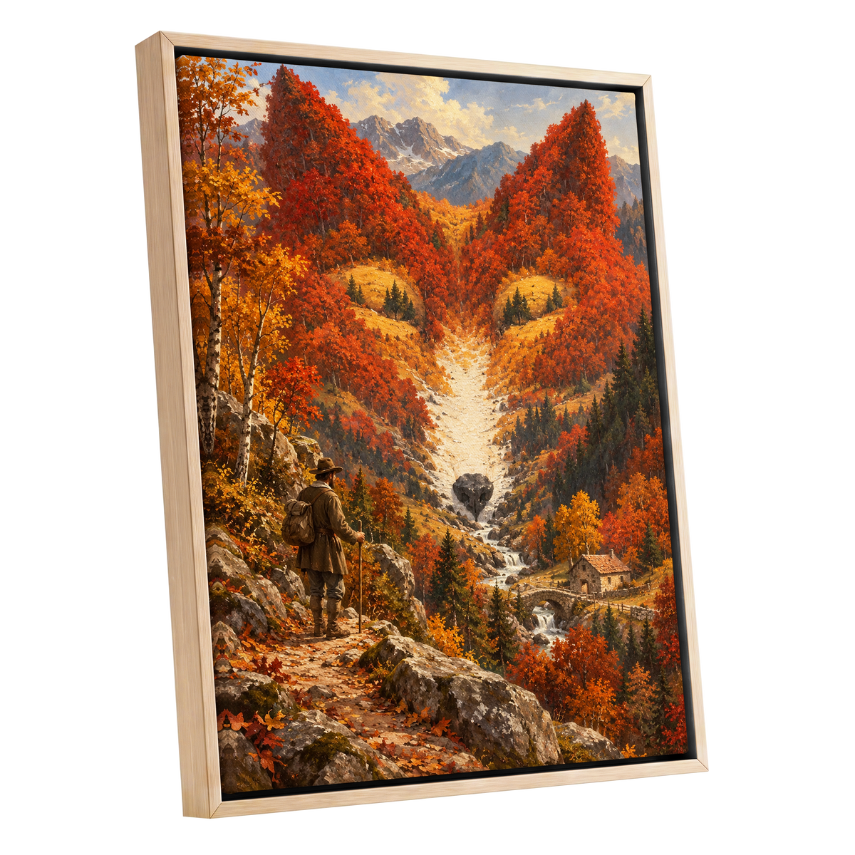 The Ember Valley, orange, gold, brown nature wall art shown as a oak framed canvas wall art