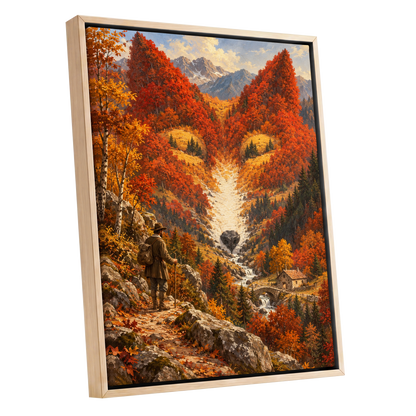 The Ember Valley, orange, gold, brown nature wall art shown as a oak framed canvas wall art
