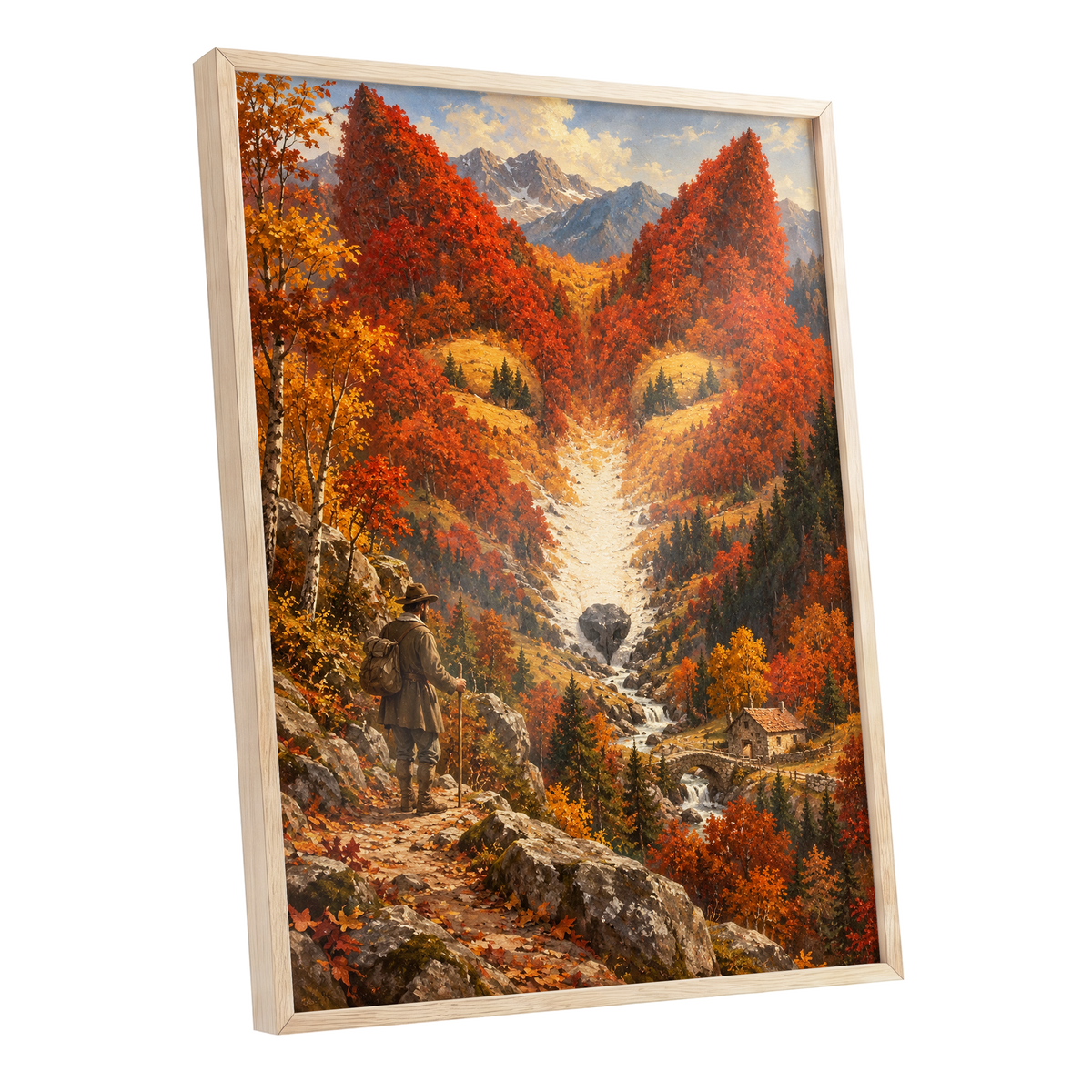 The Ember Valley, orange, gold, brown nature wall art shown as a oak framed poster wall art print